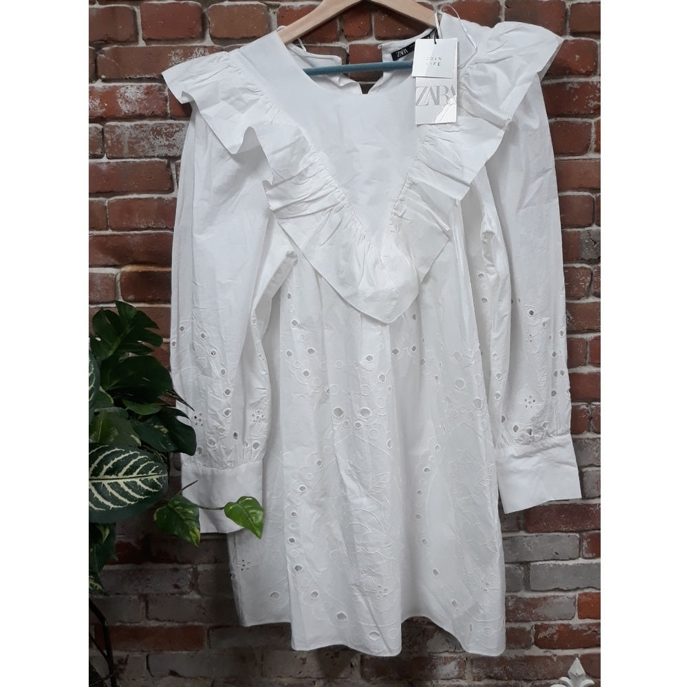 Zara White Embroidered Ruffle Collar Dress